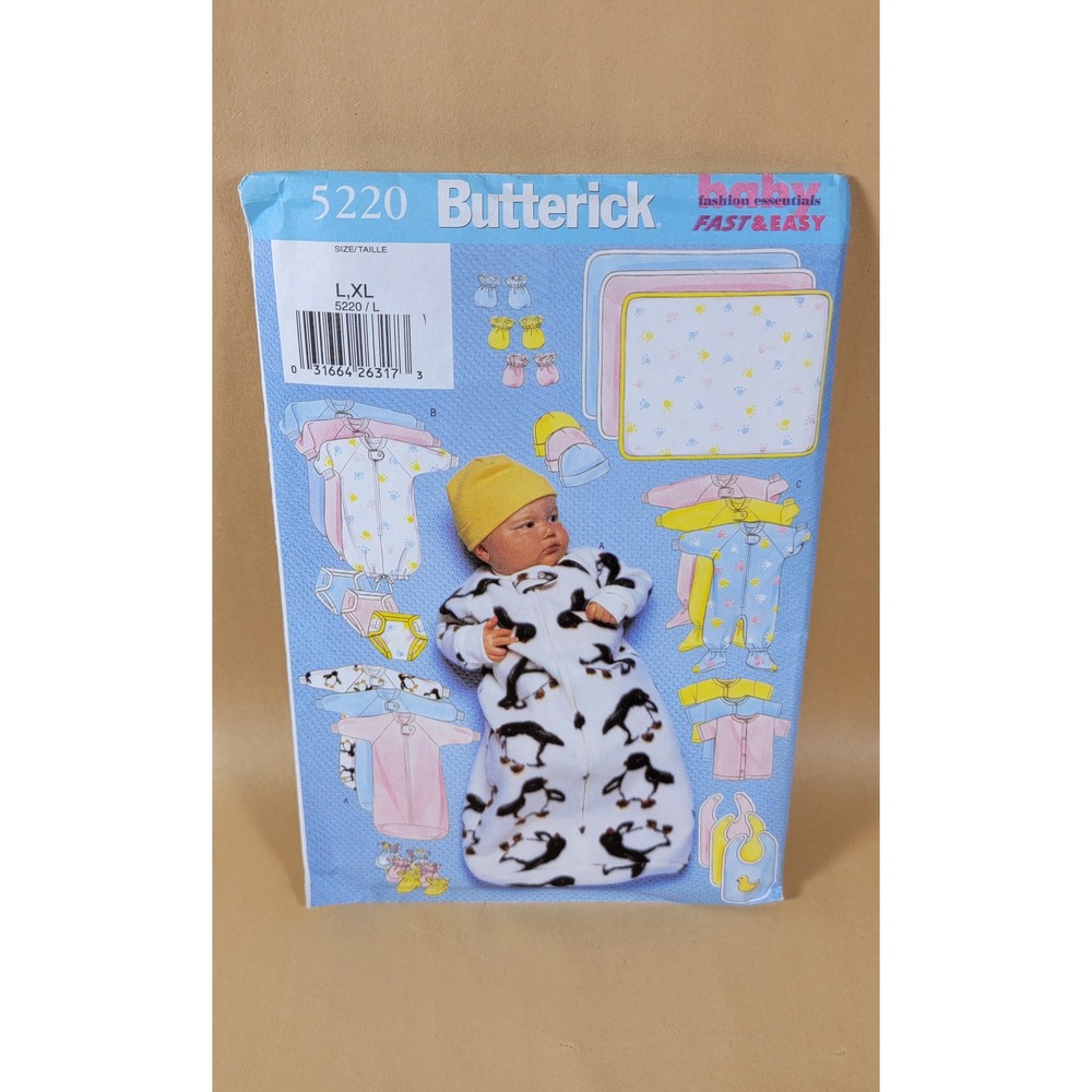 Butterick 5220 Baby Sewing Pattern Bunting Jumpsuit Shirt Bib Booties L XL 5220